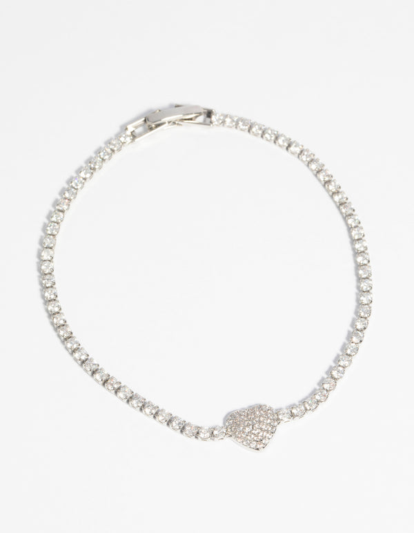 Rhodium Pave Diamante Heart Bracelet