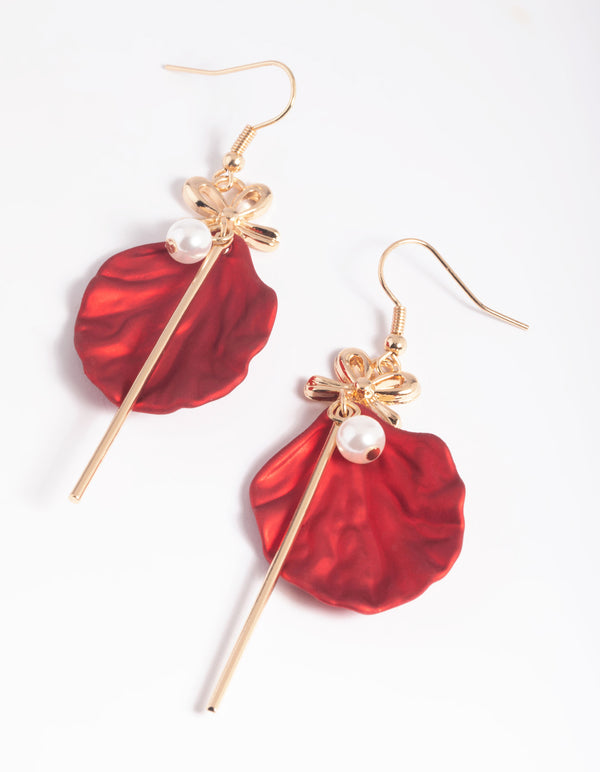 Red Pearlised Petal Drop Earrings