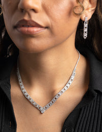 Silver Cubic Zirconia Statement Necklace & Earrings Set - link has visual effect only