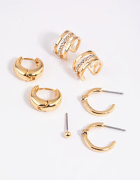 Gold Plated Diamante Cuff Stud & Hoop Earring 4-Pack - link has visual effect only