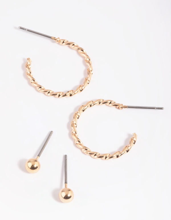 Gold Ball & Twist Stud Earring Pack