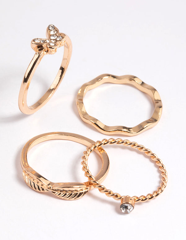 Gold Diamante Butterfly Ring Stack 4-Pack