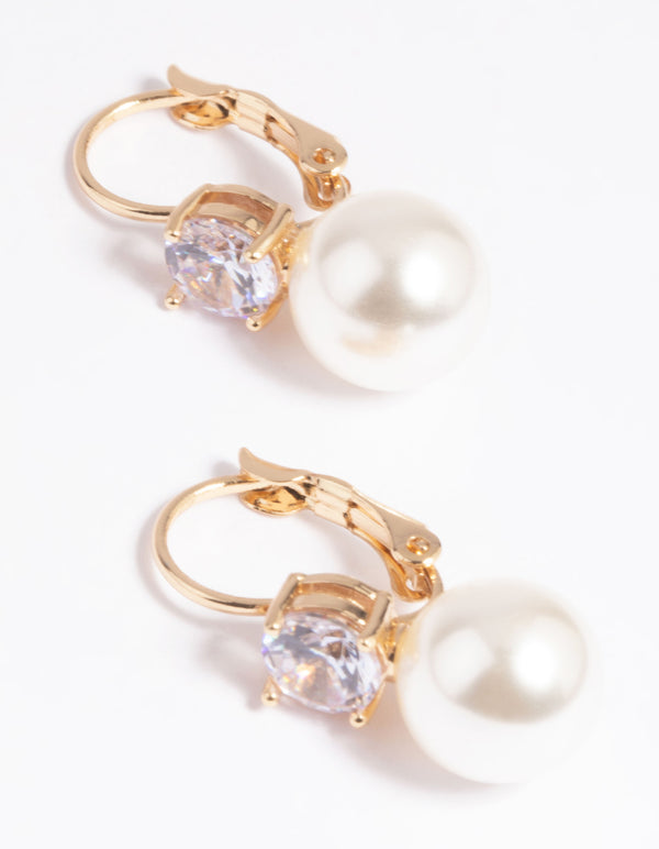 Gold Cubic Zirconia Pearl Huggie Hoop Earrings