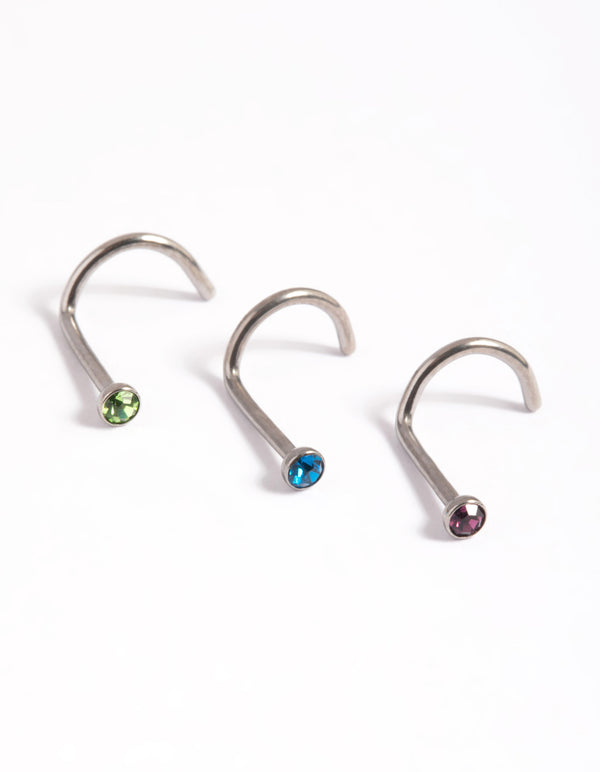 Titanium Simple & Clear Nose Stud Pack