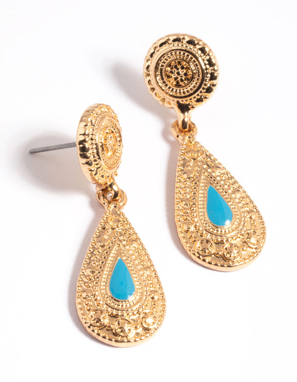 Gold Boho Pear Enamel Drop Earrings