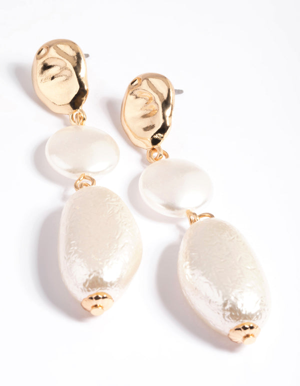 Gold Mix Textured Pearl Drop Earrings