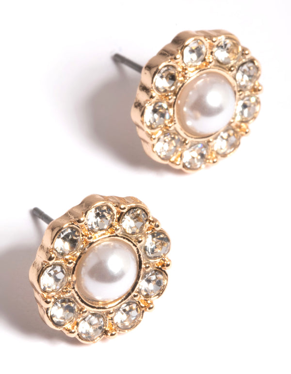 Gold Round Diamante & Pearl Stud Earrings