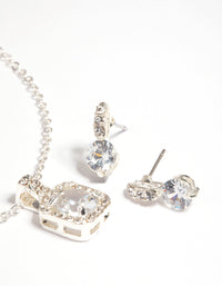 Silver Diamante Cushion Cut Necklace & Earrings Set - link has visual effect only