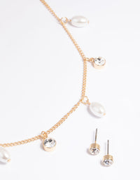 Gold Pearl Diamante Droplet Necklace & Earrings Set - link has visual effect only