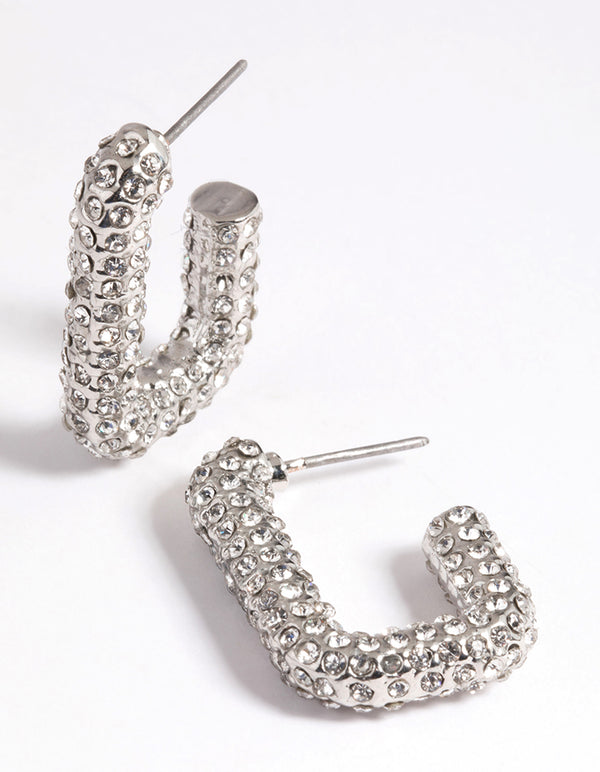 Silver Diamante Rectangular Huggie Hoop Earrings