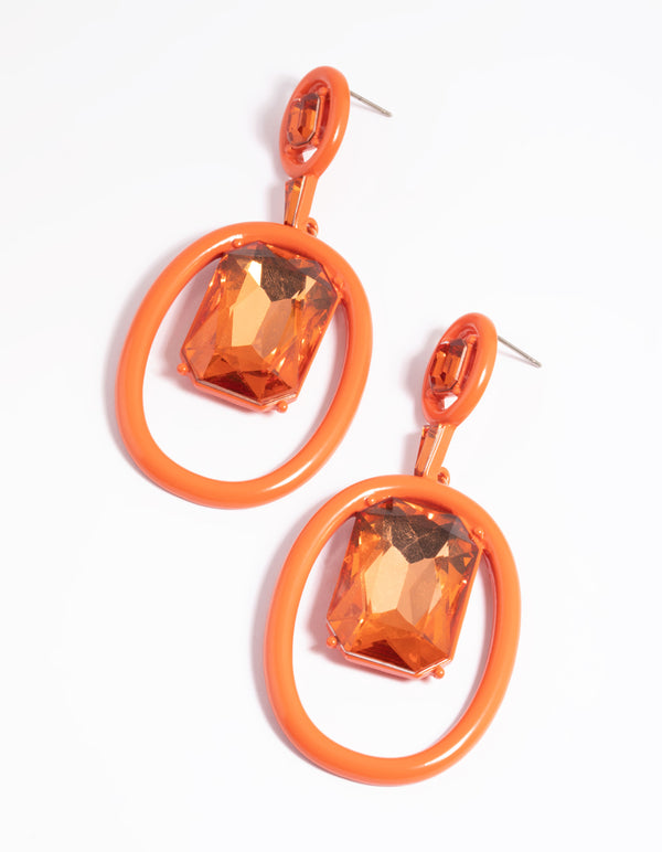 Matte Orange Circle Diamante Drop Earrings