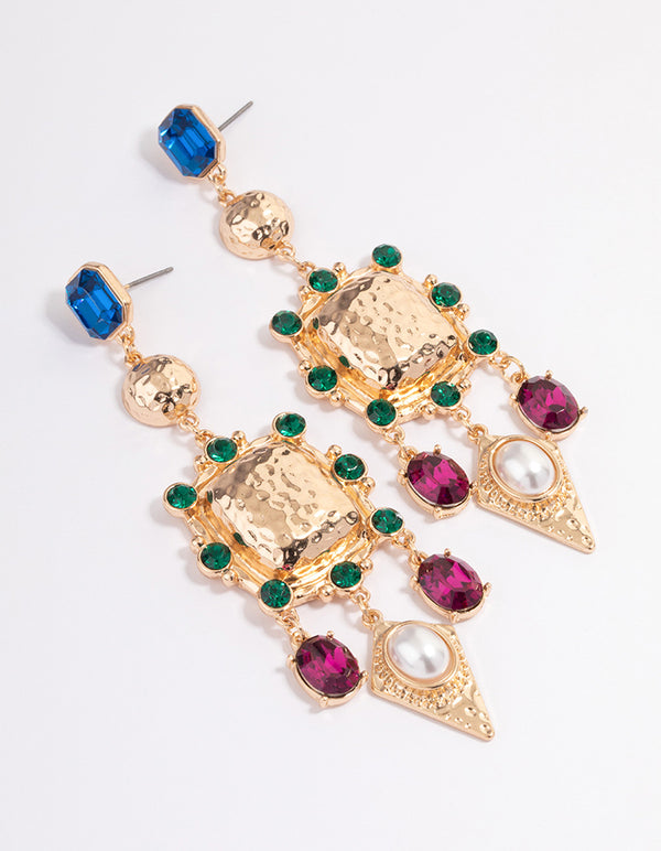 Gold Mixed Diamante Stone Statement Drop Earrings