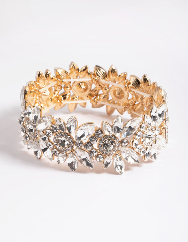 Gold Floral Diamante Detail Stretch Bracelet