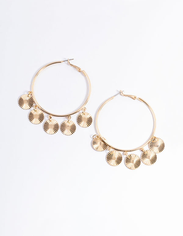 Gold Large Textured Disc Hoop Earrings