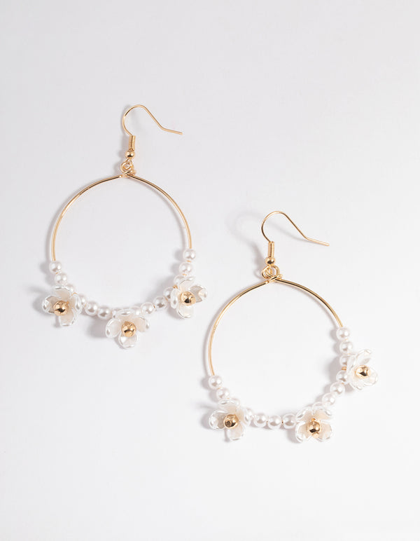 Gold Round Pearl & Flower Drop Earrings