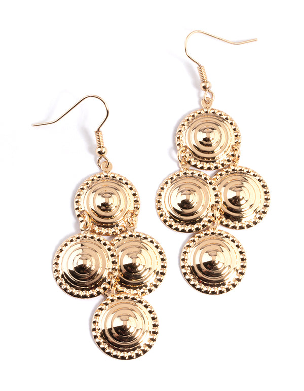 Gold Textured Circle Diamond Drop Earrings