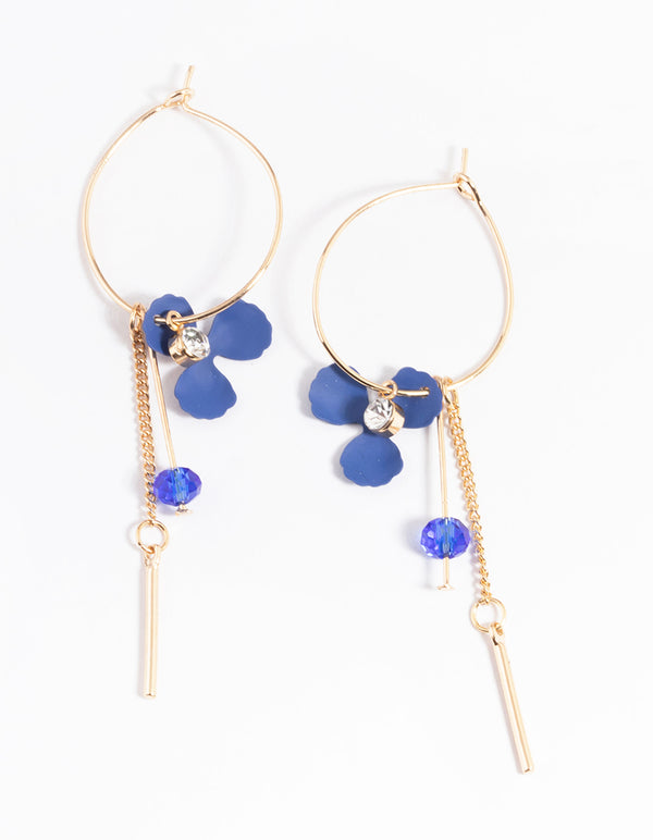 Blue Petal & Bead Stick Hoop Earrings