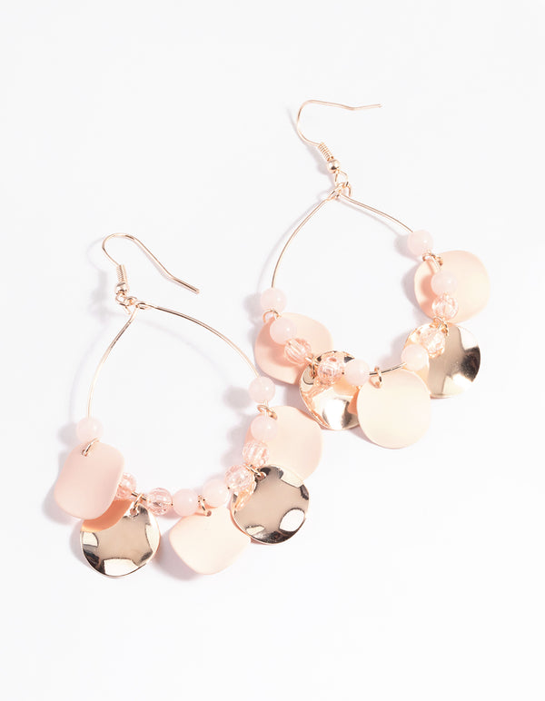 Rose Gold Bead & Disc Pear Drop Earrings