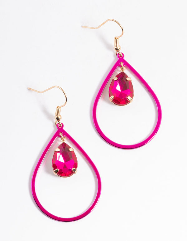 Fushia Open Pear & Stone Drop Earrings