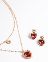 Gold Heart Double Layer Necklace & Earring Set - link has visual effect only