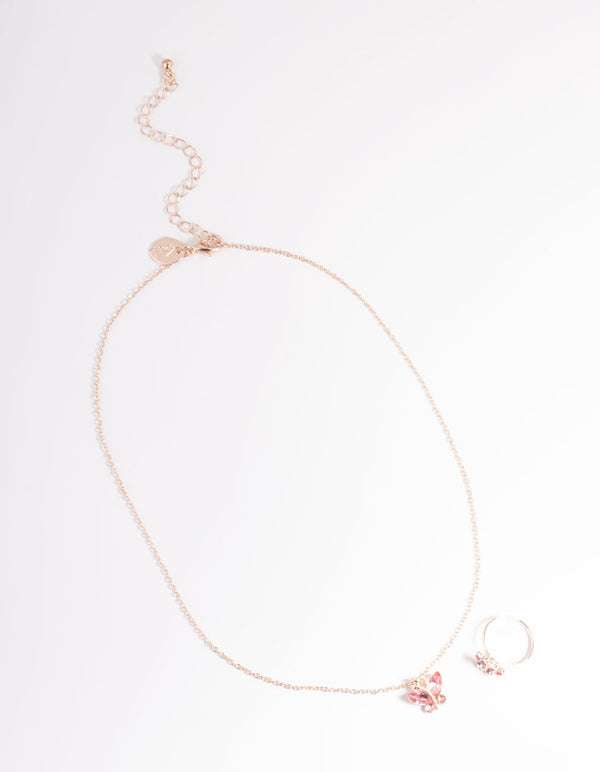 Kids Pink Diamante Butterfly Necklace & Ring Set - Lovisa