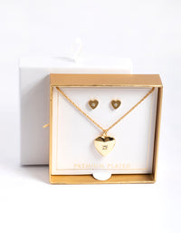 Gold Plated Heart Locket Necklace & Stud Earrings Set - link has visual effect only