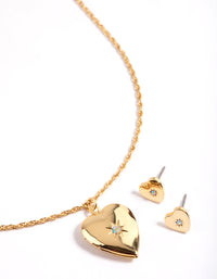 Gold Plated Heart Locket Necklace & Stud Earrings Set - link has visual effect only