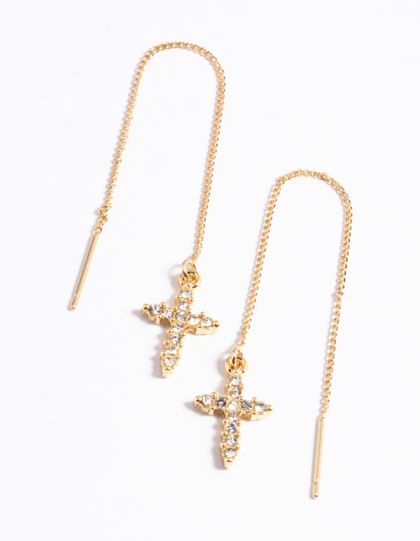 Gold Plated Cubic Zirconia Cross Thread Earrings