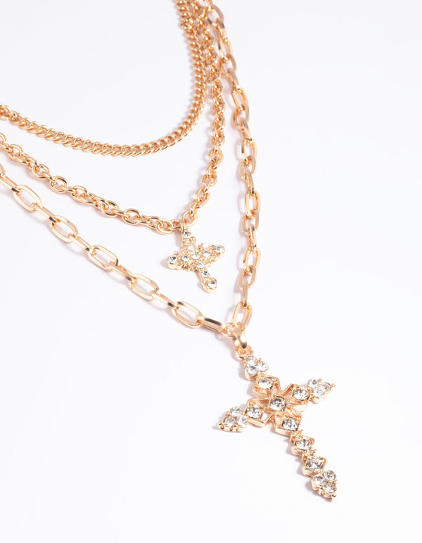 Gold Triple Row Mix Diamante Cross Necklace