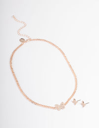 Rose Gold Diamante Butterfly Chain Earrings & Necklace - Lovisa