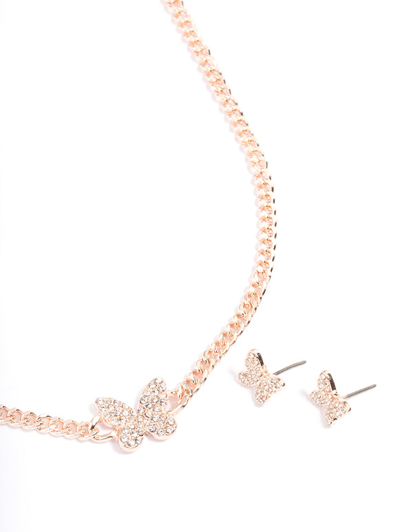 Rose Gold Diamante Butterfly Chain Earrings & Necklace