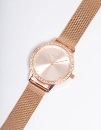 Rose Gold Diamante Surrounded Mesh Watch - link has visual effect only