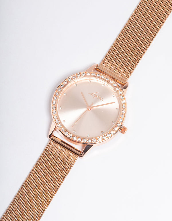 Rose Gold Diamante Surrounded Mesh Watch