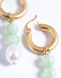 Worn Gold Green Bead & Pearl Drop Earrings - link has visual effect only