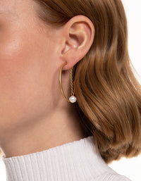 Worn Gold Freshwater Pearl Chain Hoop Earrings - link has visual effect only