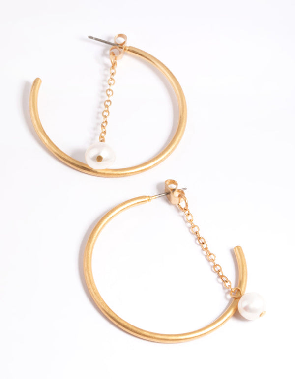 Worn Gold Freshwater Pearl Chain Hoop Earrings