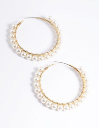 Worn Gold Pearl Fine Medium Hoop Earrings - link has visual effect only