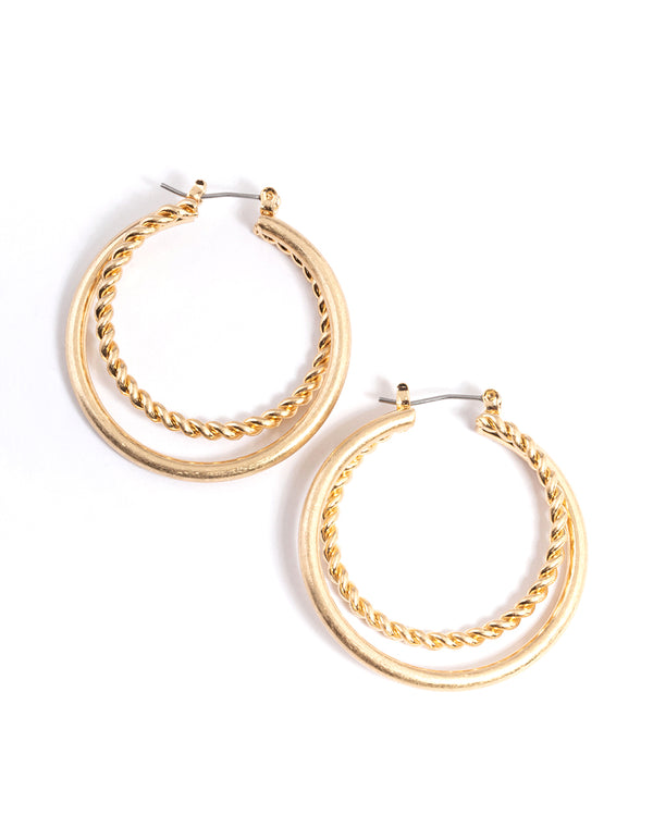 Worn Gold Twist & Plain 2 Hoop Earrings