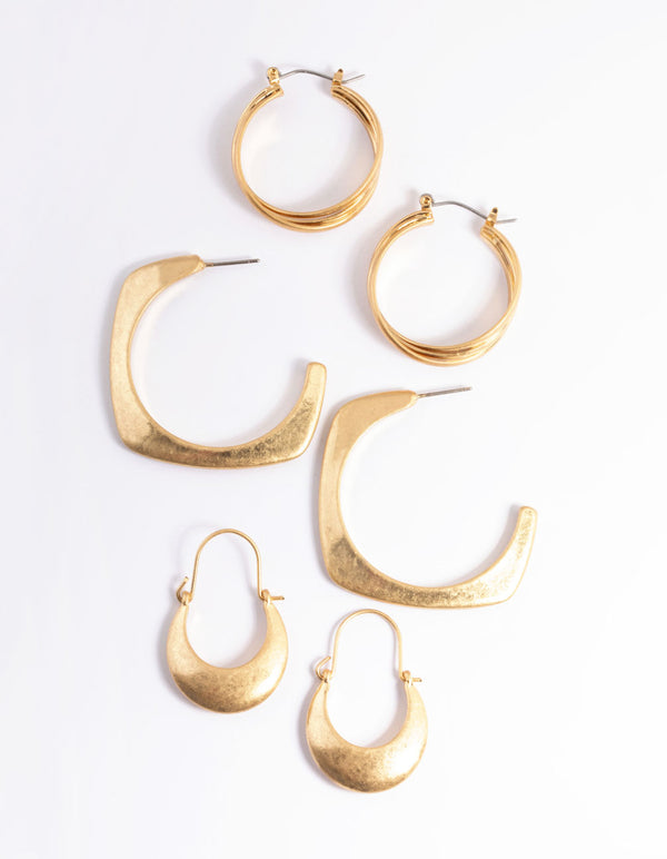 Worn Gold Mixed Shape Pack Hoop Earrings