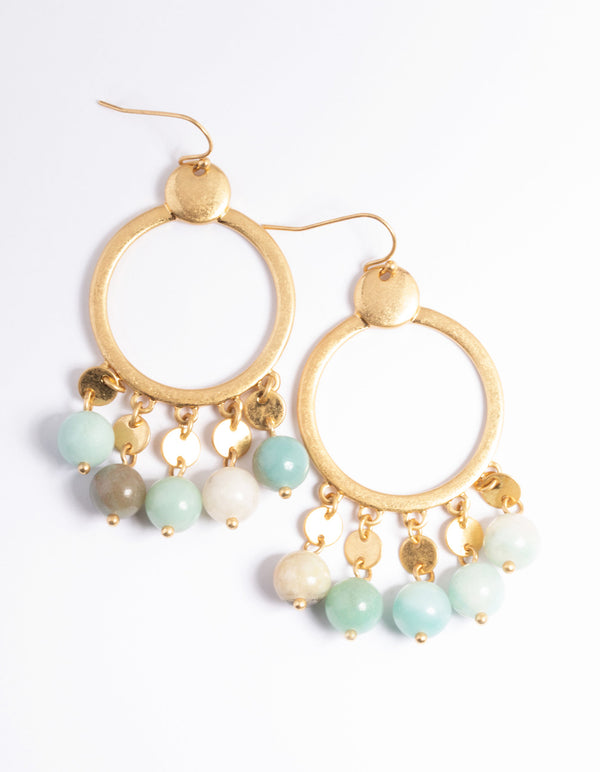 Worn Gold Disc Semi-Precious Ball Large Earrings