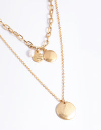 Worn Gold Disc Freshwater Pearl 2 Layer Necklace - link has visual effect only