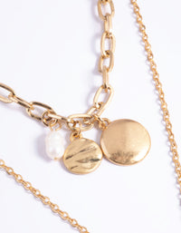 Worn Gold Disc Freshwater Pearl 2 Layer Necklace - link has visual effect only