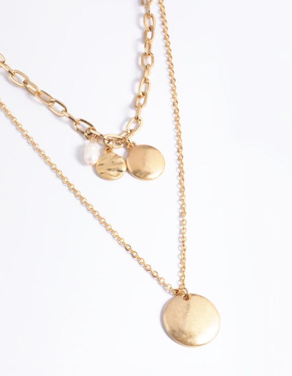 Worn Gold Disc Freshwater Pearl 2 Layer Necklace