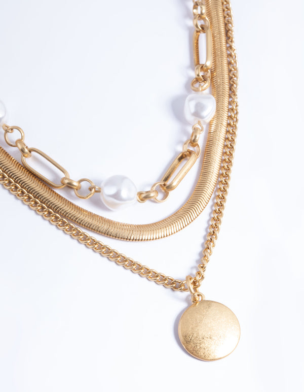 Worn Gold Mix Chain & Pearl Layer Necklace