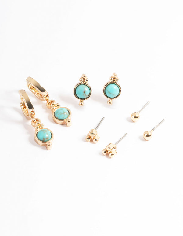 Gold Turquoise Ball Stack Earring Pack