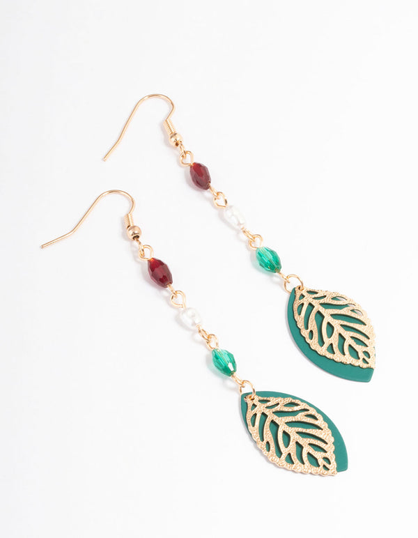 Gold Multi Bead & Leaf Drop Earrings