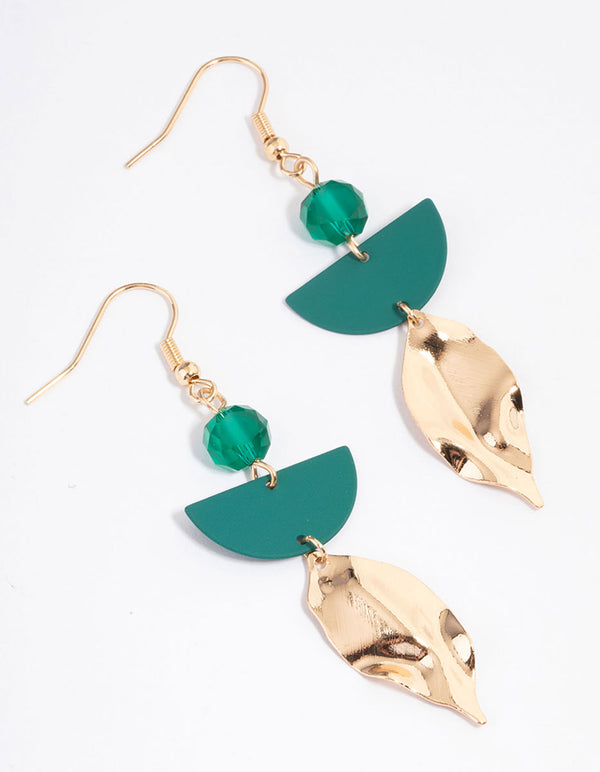 Gold Bead Geometric Leaf Drop Earrings