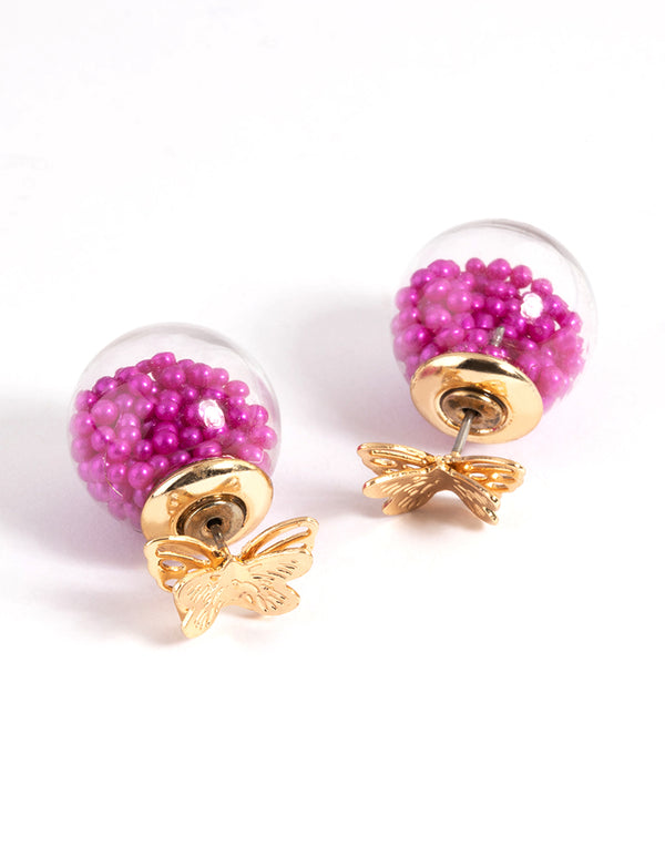 Gold Glass Purple Butterfly Sandwich Earrings