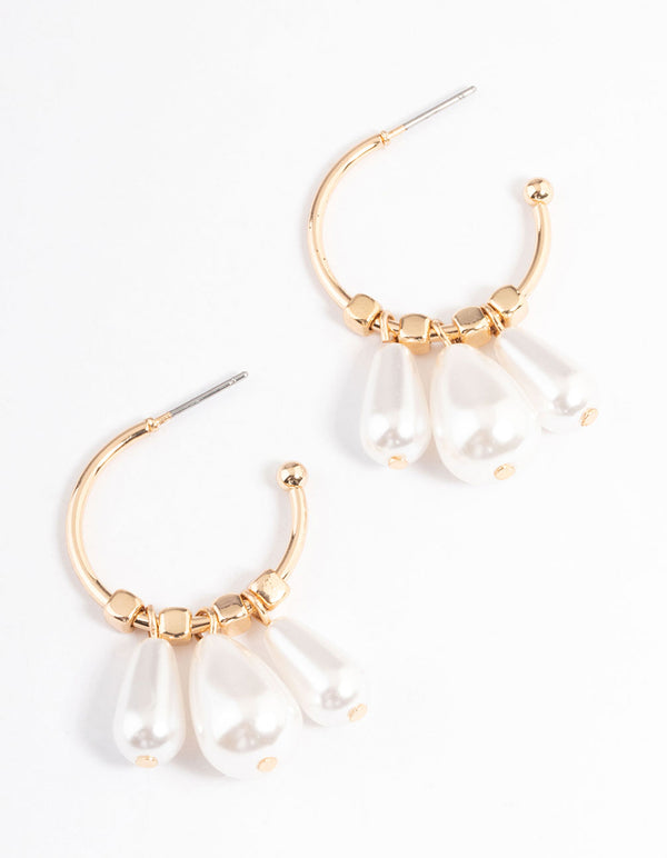 Gold Large Triple Pearl Hoop Earrings