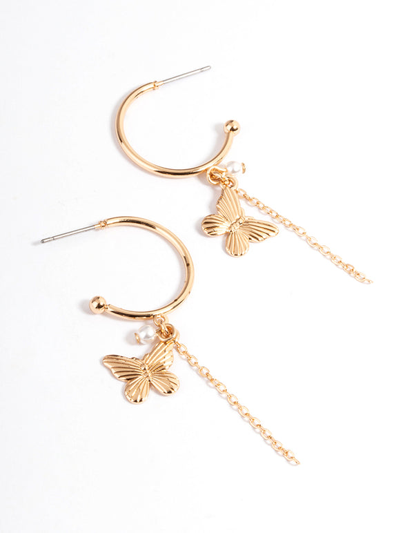 Gold Butterfly Chain Pearl Hoop Earrings